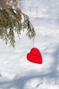 Red Valentines Day Heart Hanging In Pine Tree Vertical