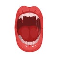 Red vampire lips. Cartoon screaming mouth with long canine teeth. vector illustration