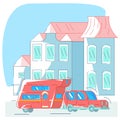 Red van for traveling rides on the road, in background are the houses of city Royalty Free Stock Photo