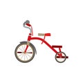 Red vector flat cartoon bicycles, scooters, run bikes, tricycles play park isolated on white background illustration side view.