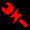 Red vector graphic on a black background of a dashboard warning light for a hybrid service attention. It consists of a spanner
