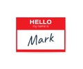 Red vector `Hello my name is` label sticker on white background. Vector illustration. Royalty Free Stock Photo