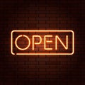 Red vector neon lights uppercase signs OPEN. Illustration transparent on realistic brick wall.