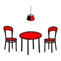 Red Vector outline illustration of a room with a table and a pair of chairs and a electric lamp on a white wall Royalty Free Stock Photo