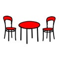 Red Vector outline illustration of a room with a table and a pair of chairs on a white wall background Royalty Free Stock Photo