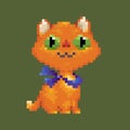 Red vector pixel art cat in blue scarf