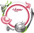 Vegan round background with vegetables.