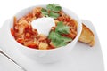 Red vegetable soup in white bowl Royalty Free Stock Photo