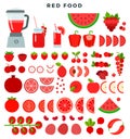 Collection of red food vegetables, fruits and juices, flat icon set. Vector illustration. Royalty Free Stock Photo