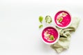 Red vegetarian beet root cream soup with herbal basil salt Royalty Free Stock Photo