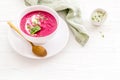 Red vegetarian beet root cream soup with herbal basil salt Royalty Free Stock Photo