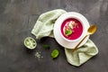 Red vegetarian beet root cream soup with herbal basil salt Royalty Free Stock Photo