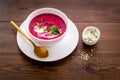 Red vegetarian beet root cream soup with herbal basil salt Royalty Free Stock Photo