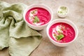 Red vegetarian beet root cream soup with herbal basil salt Royalty Free Stock Photo