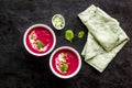 Red vegetarian beet root cream soup with herbal basil salt Royalty Free Stock Photo