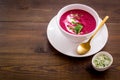 Red vegetarian beet root cream soup with herbal basil salt Royalty Free Stock Photo