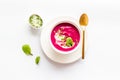 Red vegetarian beet root cream soup with herbal basil salt Royalty Free Stock Photo