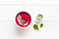 Red vegetarian beet root cream soup with herbal basil salt Royalty Free Stock Photo