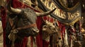 A red velvet banner with faded gold lettering proudly proclaims Rodeo Kings above a display of bronze bull figurines and