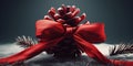 A red velvet bow wrapped around a pinecone dynamic lightn one generative AI Royalty Free Stock Photo