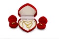 Red velvet box with golden ring and gold necklace