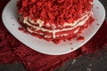 Red velvet cake Canvas napkin on a concrete dark gray background Royalty Free Stock Photo