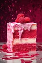 Red velvet cake with fresh raspberries on a red background. Royalty Free Stock Photo