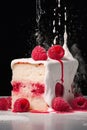 Red velvet cake with fresh raspberries on a red background. Royalty Free Stock Photo