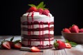 red velvet cake in jar with strawberries Royalty Free Stock Photo
