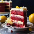 Red velvet cake with raspberries and lemon zest, selective focus Royalty Free Stock Photo