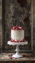 Red velvet cake on white stand with rustic background, classic dessert concept