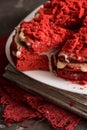 Red velvet cake Canvas napkin on a concrete dark gray background Royalty Free Stock Photo