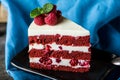 Red velvet cake on wood board. Slice of cake. Raspberry cake. Devil`s cake. Wedding dessert. Birthday cake. Delicious Royalty Free Stock Photo