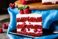 Red velvet cake on wood board. Slice of cake. Raspberry cake. Devil`s cake. Wedding dessert. Birthday party. Delicious dessert. Royalty Free Stock Photo