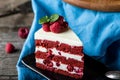 Red velvet cake on wood board. Slice of cake. Raspberry cake. Devil`s cake. Wedding dessert. Birthday cake. Delicious Royalty Free Stock Photo