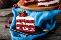 Red velvet cake on wood board. Slice of cake. Raspberry cake. Devil`s cake. Wedding dessert. Birthday cake. Delicious Royalty Free Stock Photo