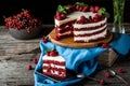 Red velvet cake on wood board. Slice of cake. Raspberry cake. Devil`s cake. Wedding dessert. Birthday cake. Delicious Royalty Free Stock Photo