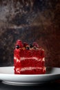 Red velvet cake on wood board. Slice of cake. Raspberry cake. Devil`s cake. Wedding dessert.Delicious dessert Royalty Free Stock Photo