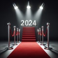 Red velvet carpet and luxury silver barrier ropes with a shiny silver number 2024 with spotlights above. Created using an AI
