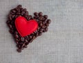 Red velvet and coffee hearts on background