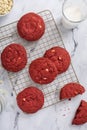 Red velvet cookies with white chocolate chips with milk Royalty Free Stock Photo