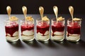 red velvet creme brulee in jars with golden spoons