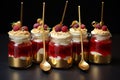 red velvet creme brulee in jars with golden spoons