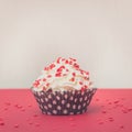 Red velvet cupcake on red background, red muffin. Copy space. Square image. Royalty Free Stock Photo