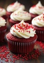 a red velvet cupcake with white frosting and sprinkles Royalty Free Stock Photo