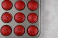 Red velvet cupcakes in baking pan on white background Royalty Free Stock Photo