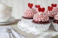 Red velvet cupcakes with red hearts Royalty Free Stock Photo