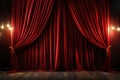 Red velvet curtain in rays of light. Mockup, theater background, frame, podium. Copy space. Royalty Free Stock Photo