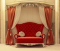 Red velvet curtain and royal sofa