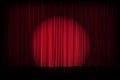 Red velvet curtain in theater or cinema. Vector background with closed stage curtains with drapery, spot of light and reflection